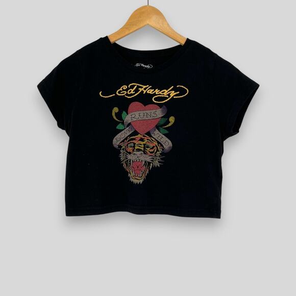 Ed Hardy Love Runs Wild Tiger Graphic Cropped Tee - Picture 1 of 5